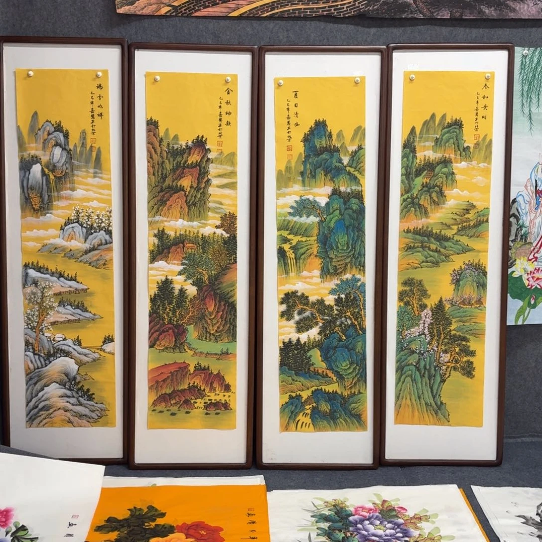 陆***姗国画140×35四条屏山水春夏秋冬