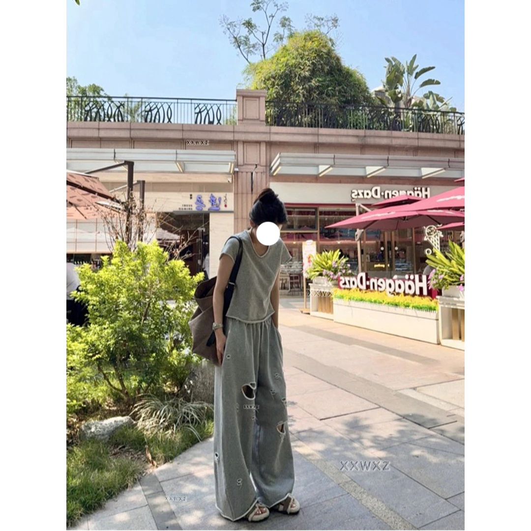 不规则破洞卷边毛圈宽松直筒松紧腰休闲阔腿裤#z1858