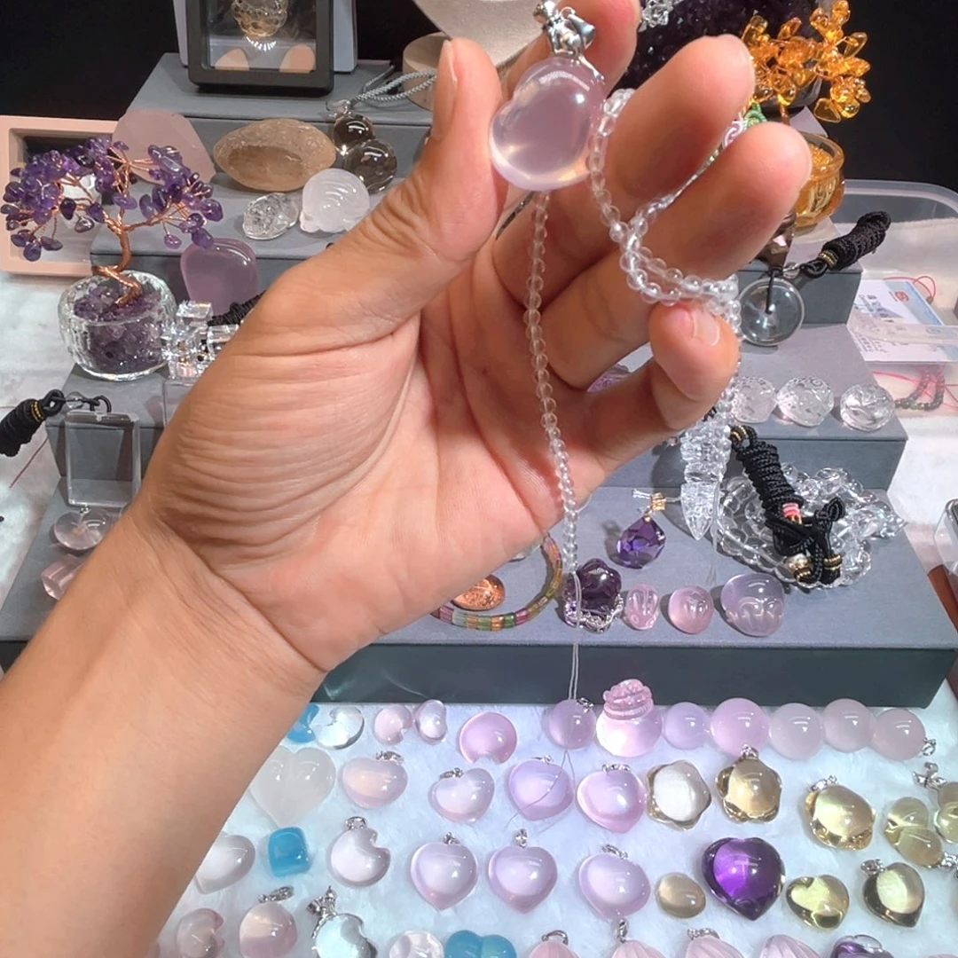 水晶摆件银S925镶嵌粉水晶银小猫扣➕三毫米赠品链