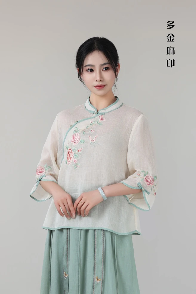 多金麻印25夏款女士立领花朵刺绣苎麻中式短款宽松上衣小衫6121
