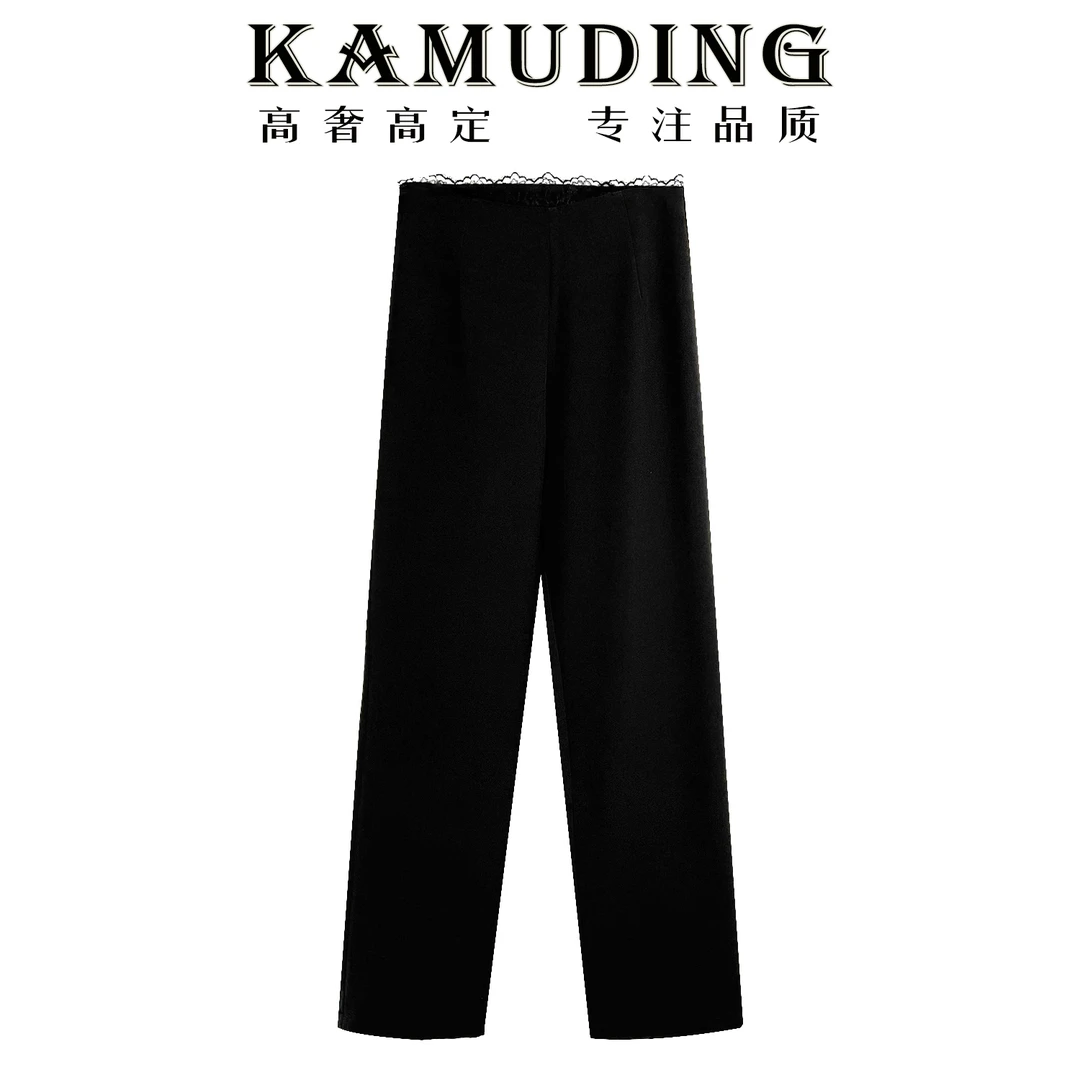 KAMUDING-2025年新款时尚百搭蕾丝花边直筒裤8570