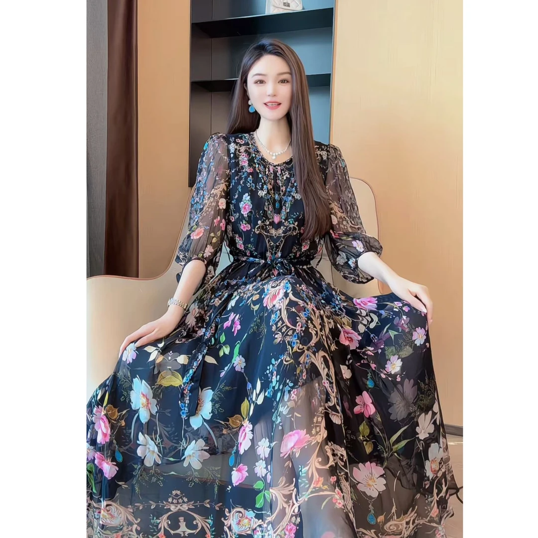 【深圳米熙儿】100%桑蚕丝夏季清凉女装连衣裙8112