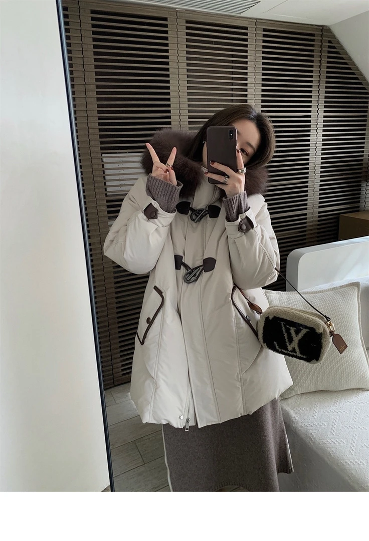 渔小于牛角扣韩版大毛领外套