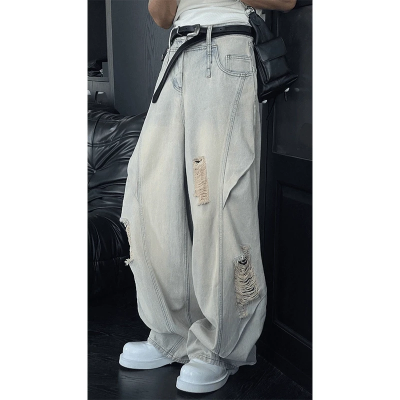新款美式小众解构解析破洞牛仔裤男女款设计感简约百搭弯刀长裤