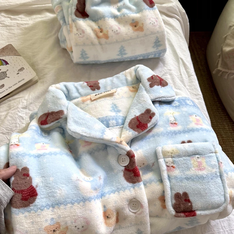 侘町2025年冬季新款baby蓝费尔岛米菲法兰绒睡衣女长袖保暖家居服