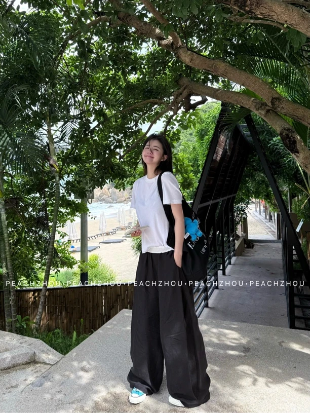 『PEACHZHOU』100亚麻侧缝捏褶纽扣装饰宽松休闲裤松紧腰阔腿长裤女