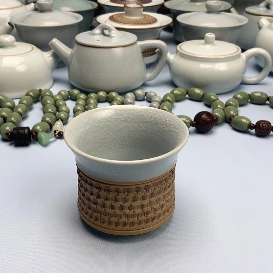杯仿古月白重工跳刀马蹄杯原矿原釉原产地