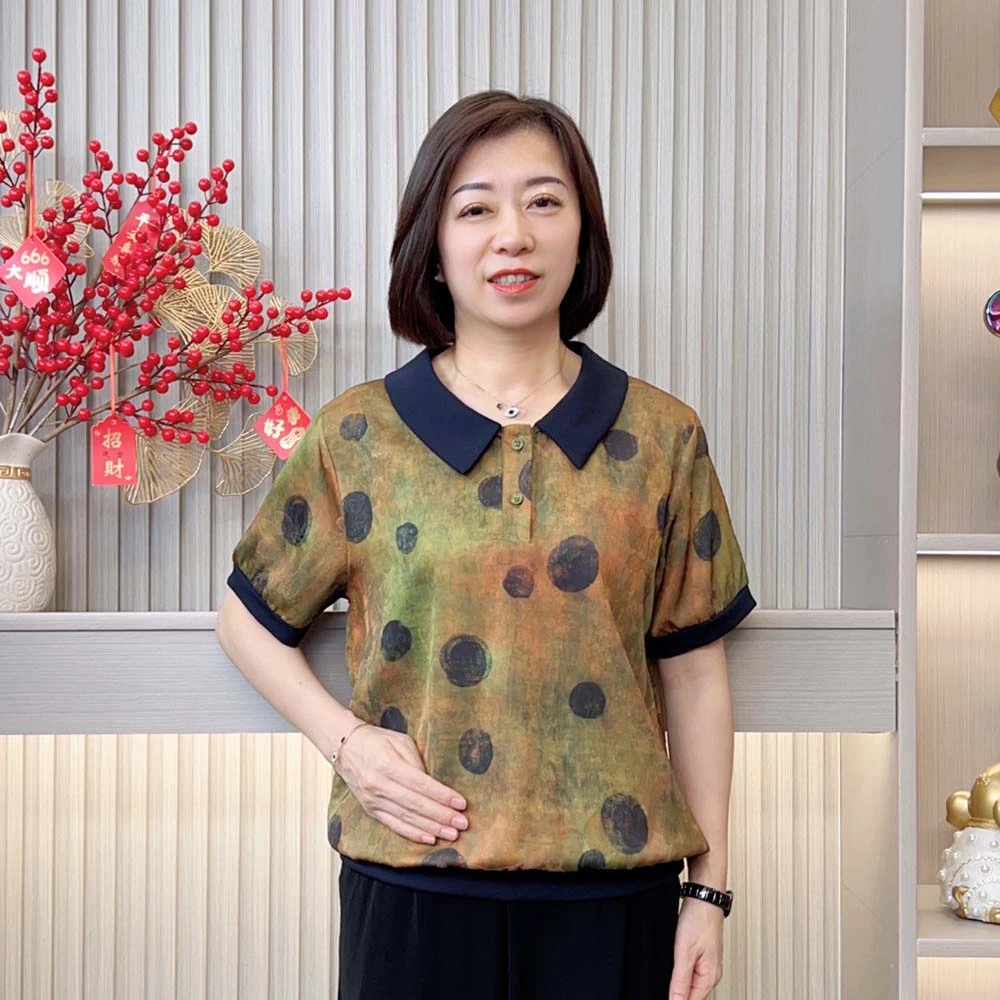 夏季新款中老年妈妈装时尚洋气百搭减龄显瘦气质圆圈翻领短袖t恤