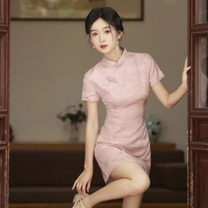 粉色旗袍新款2025改良年轻款少女夏季小个子短款文艺复古日常可穿