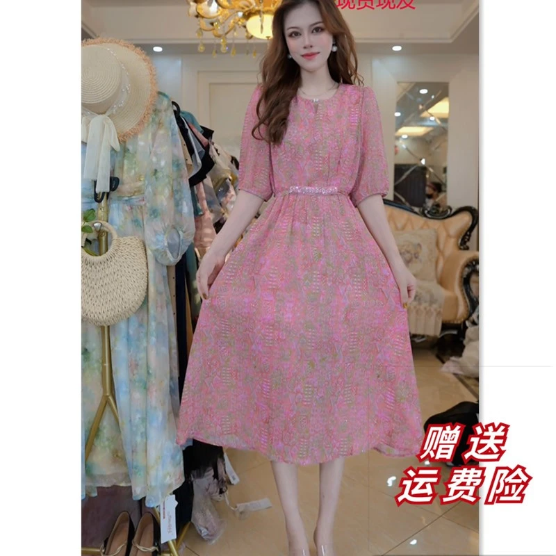 红色女装连衣裙碎花显瘦夏季中长款裙子