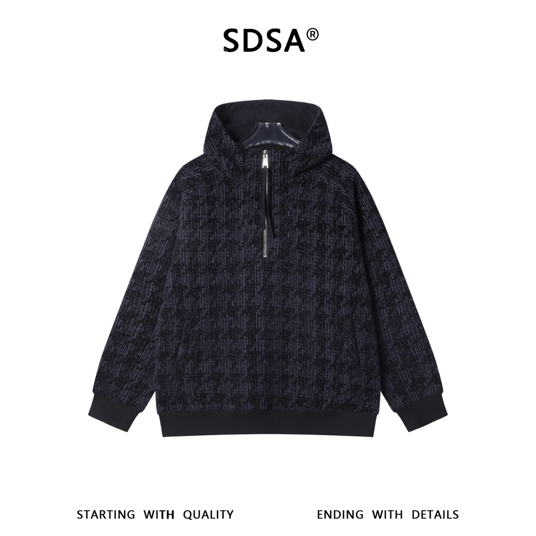 SDSA男士秋冬新款痞帅男装时尚简约撞色绒毛半拉链连帽卫衣宽松潮