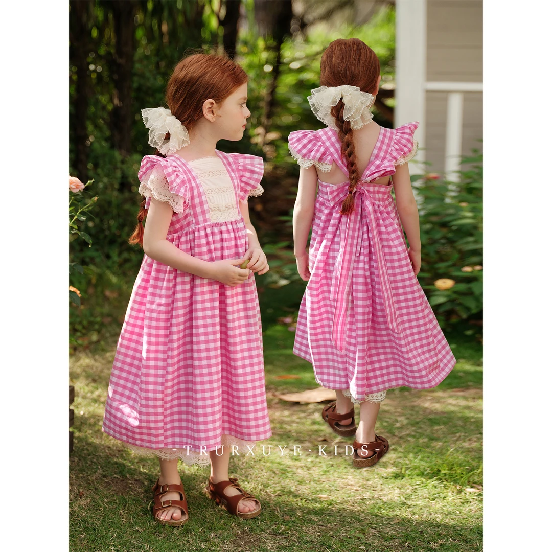 初煦女童 2025夏田园风刺绣蕾丝花朵生日裙纯棉撞色碎花连衣裙