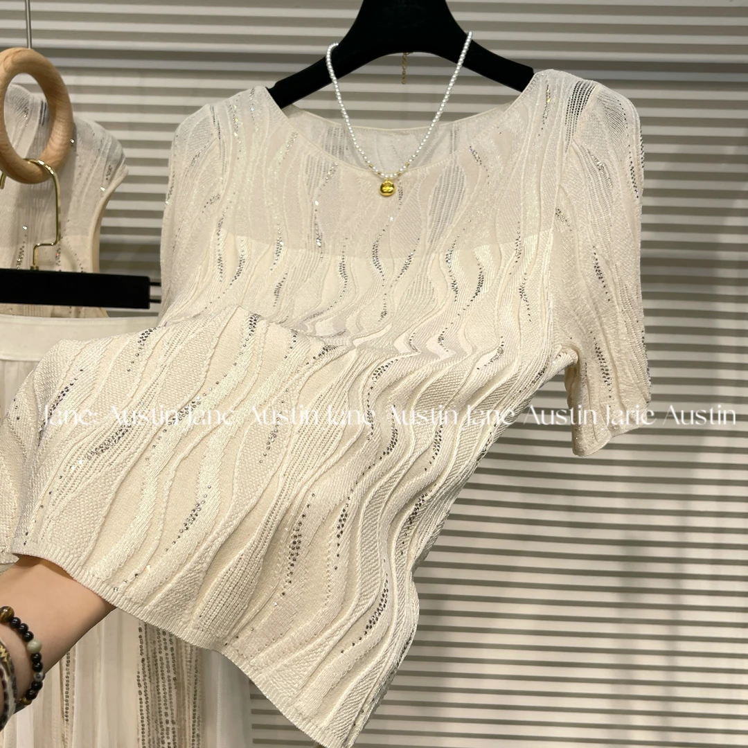 Jane Austin •（流光水影）2025新款夏季水晶纱百搭显瘦短袖针织