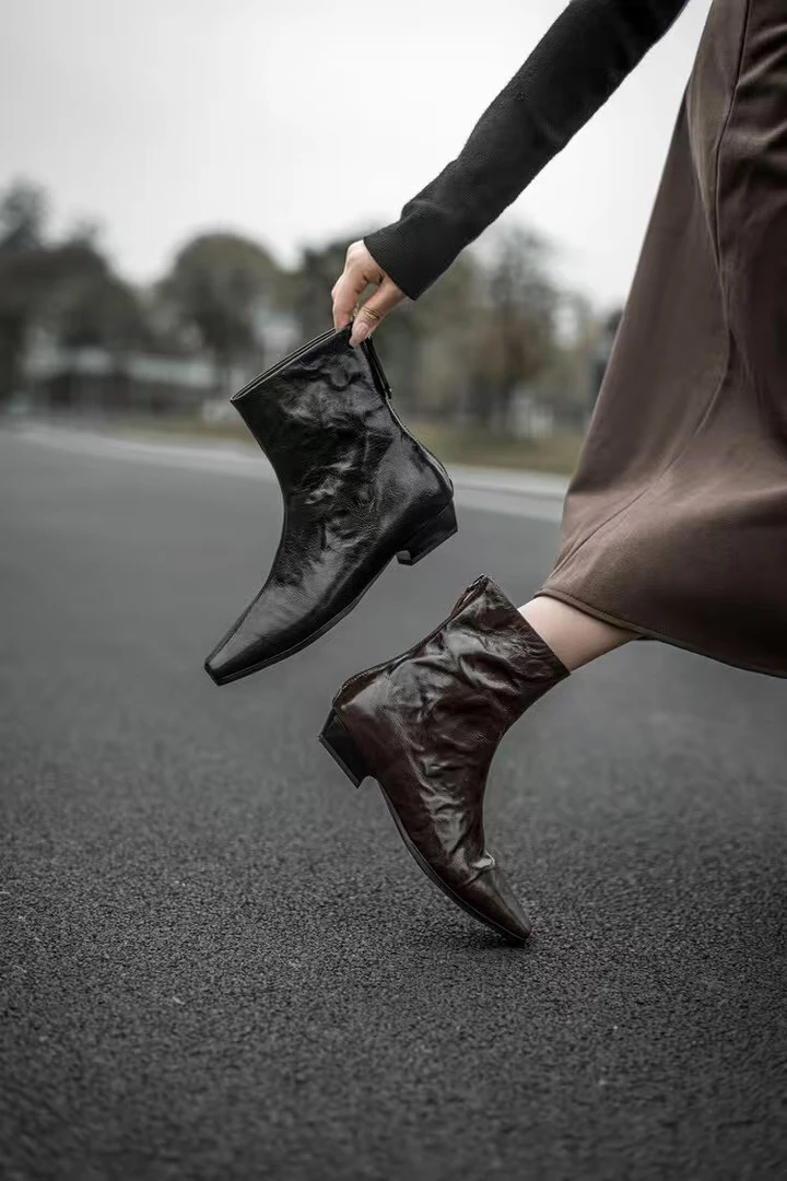 秋冬季全皮复古极简风方头黑色气质瘦瘦靴时尚百搭