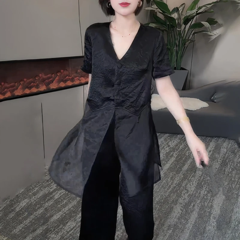 2025年上新时尚潮流夏季圆领肩压皱绸缎面拼接网纱料上衣