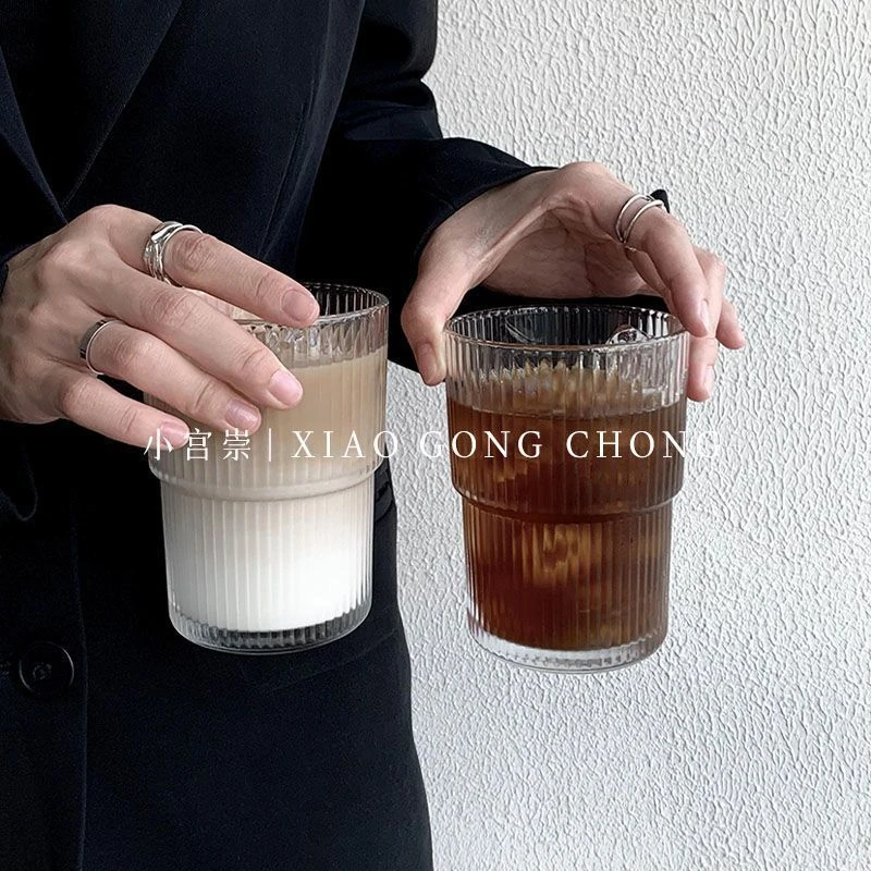 竖条纹咖啡杯ins风玻璃杯冰美式牛奶拿铁杯高颜值家用女喝水杯子