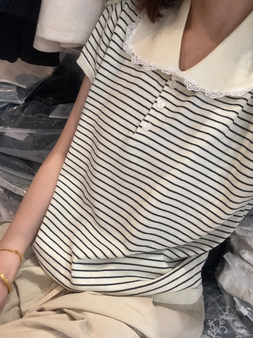 有领韩系穿搭条纹翻领上衣女2025夏季新款正肩短袖T恤设计感小众