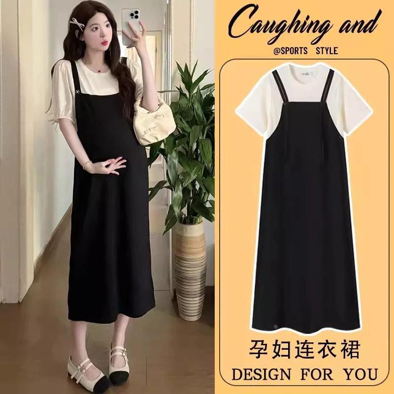 孕妇连衣裙2025新款夏季时尚法式宽松假两件拼接针织裙夏款孕妇裙