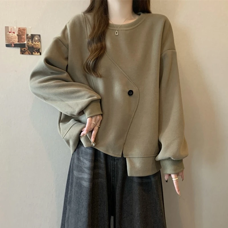 大码遮肚子不规则圆领卫衣女春秋微胖MM宽松显瘦百搭洋气长袖上衣