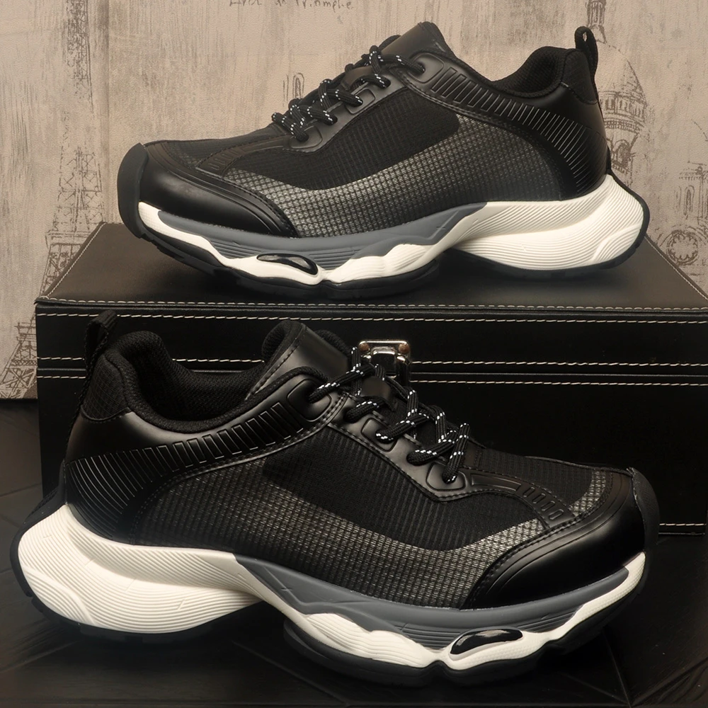 暗黑风男士欧美时尚运动鞋低帮透气网面男鞋百搭潮流内增高休闲鞋