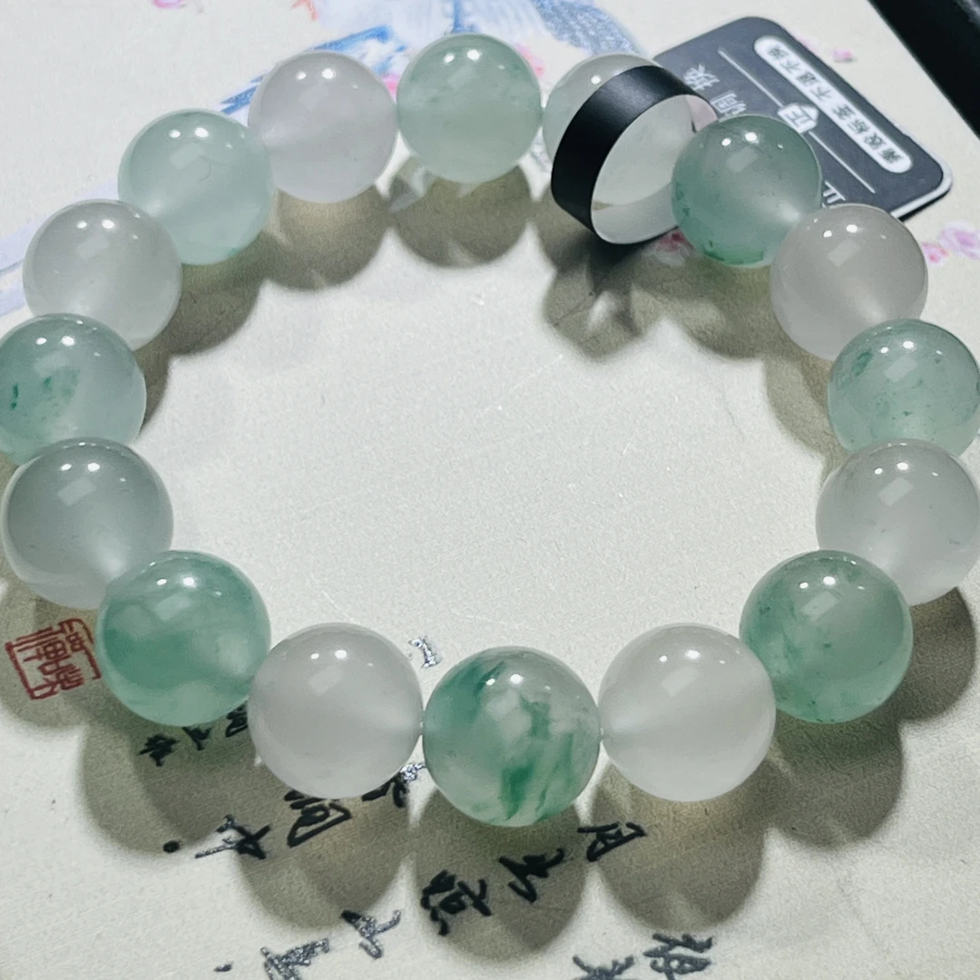 翠缘珠宝甄选 天然（A货）高冰起胶玻璃种冰飘花非洲翠男女可戴手串