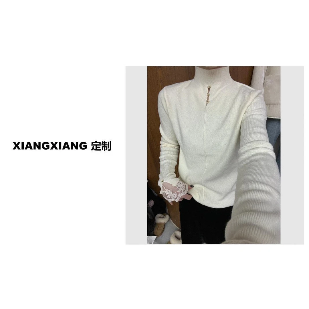 香香老板娘定制袖口蕾丝半高领打底上衣