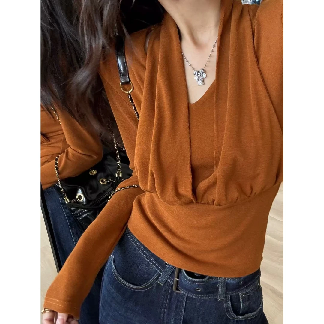 SP【龙舌兰微醺】V领打底衫女秋季假两件气质收腰长袖上衣内搭