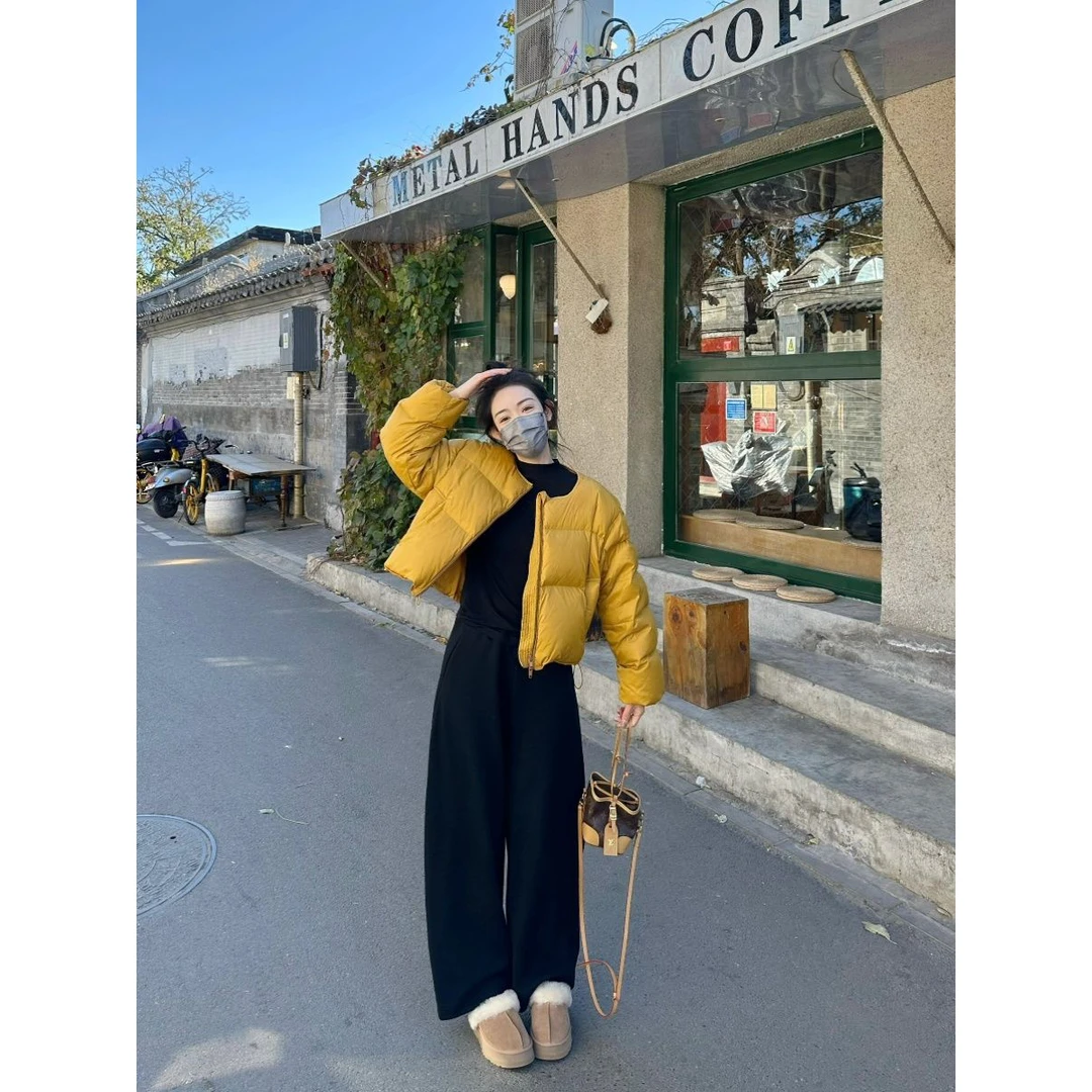 姜黄色短款棉服小个子女2025年冬季韩版棉衣圆领小众外套港风外套