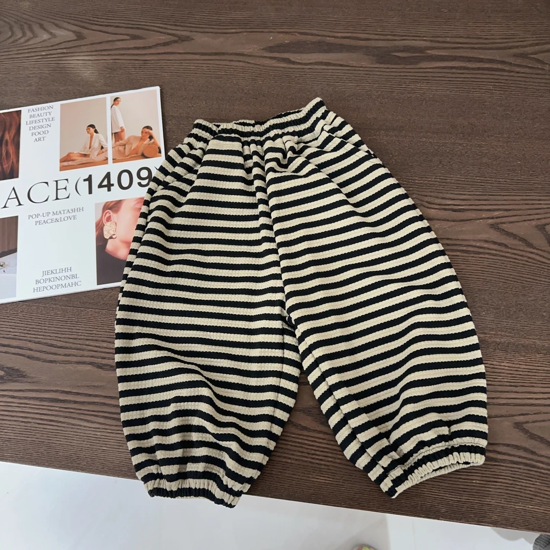 【两个小盆友】2025秋季儿童韩版宽松中小童条纹休闲束脚裤子6671