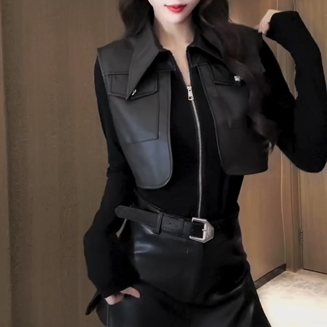 美式复古PU皮拼接假两件翻领拉链修身显瘦机车风长袖T恤