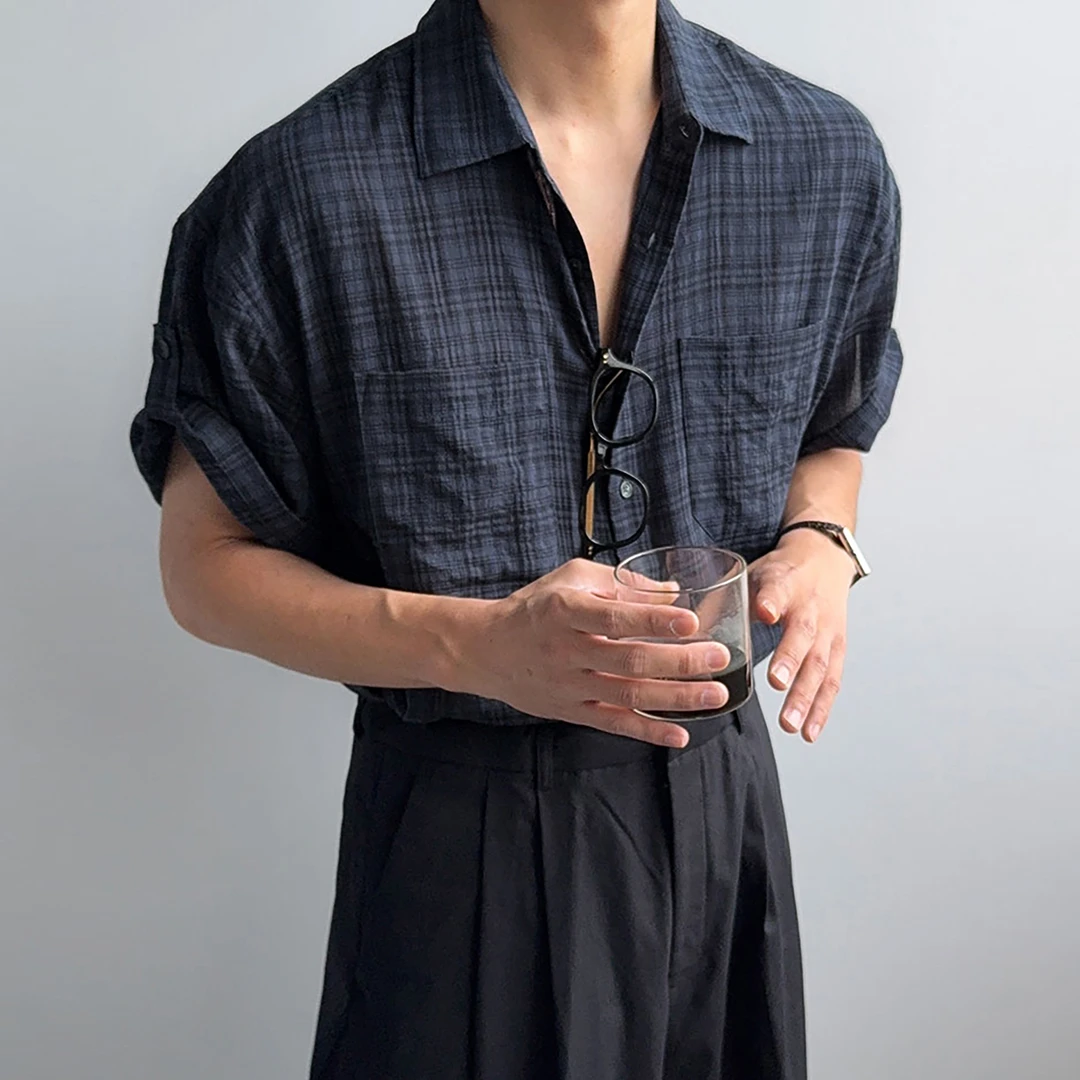 ascloqiao夏季男短袖衬衫格子韩版简约格纹休闲百搭宽松舒适透气