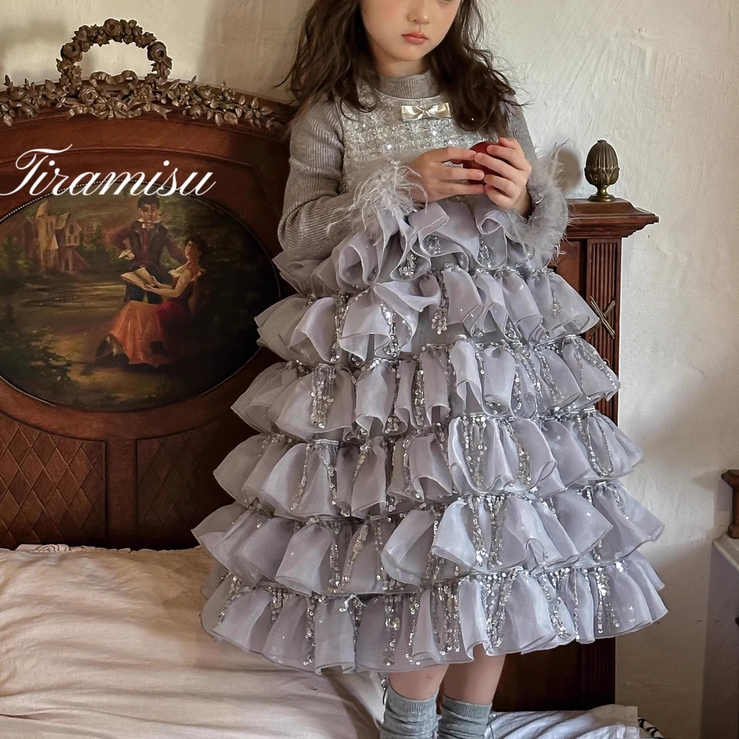 女童秋冬新款连衣裙小香风流苏亮片女宝宝生日礼服公主裙打底套装
