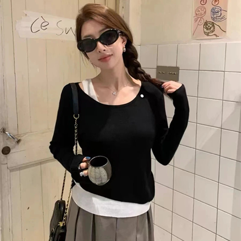设计感假两件露肩显瘦套头针织衫女春装新款百搭长袖撞色打底上衣