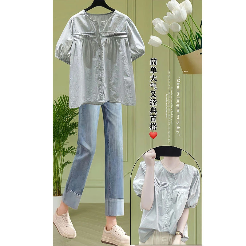 新款褶皱泡泡袖衬圆领衬衫上衣胖妹妹宽松大码休闲百搭衬衣夏季潮