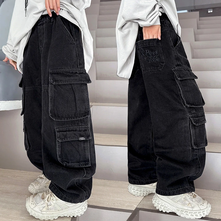 【秋款上新】儿童工装牛仔裤中大童纯色时髦痞帅宽松男女童休闲裤子