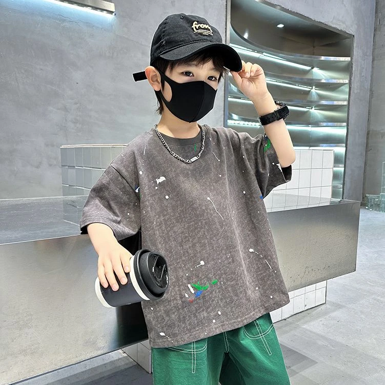 夏季新款洋气时髦宽松短袖纯棉男童字母印花休闲风格恤圆领中大童