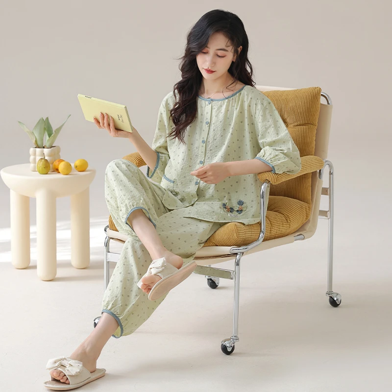 力婷睡衣女士夏季春秋款2025新款宽松大码七分袖薄款家居服套装