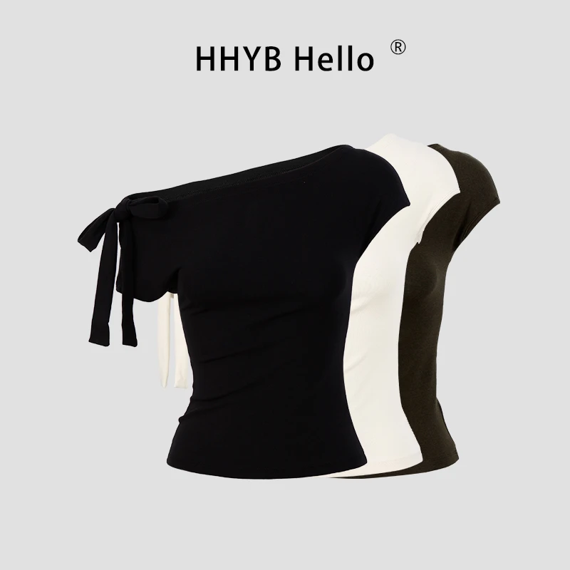 HHYB Hello一衣多穿蝴蝶结绑带斜肩短袖T恤女2025新款上衣250387