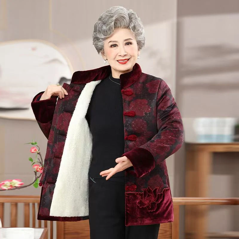 7826-奶奶冬装加绒加厚冬季棉服老太太棉衣妈妈保暖外套女