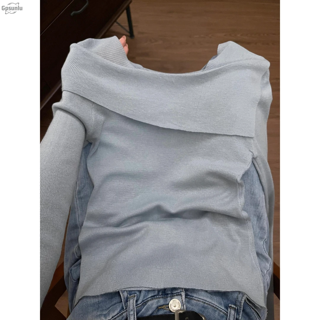 gpsunlu纯欲望蓝色针织长袖秋季女士高底修身针织衫底衬衫上衣