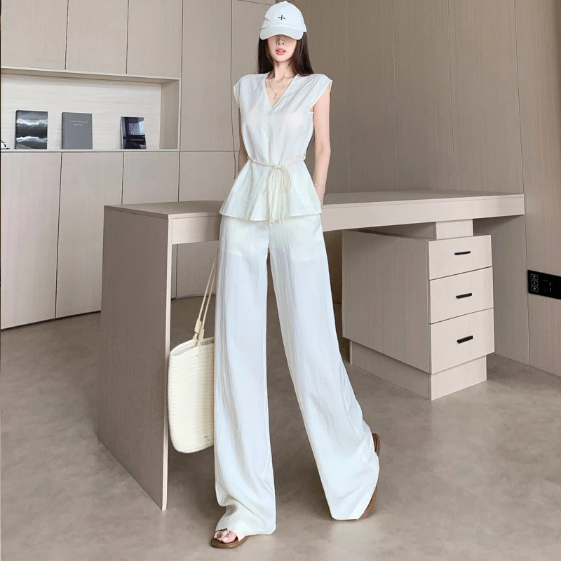 韩系气质休闲时尚套装女2025夏季新款V领无袖上衣+阔腿裤两件套