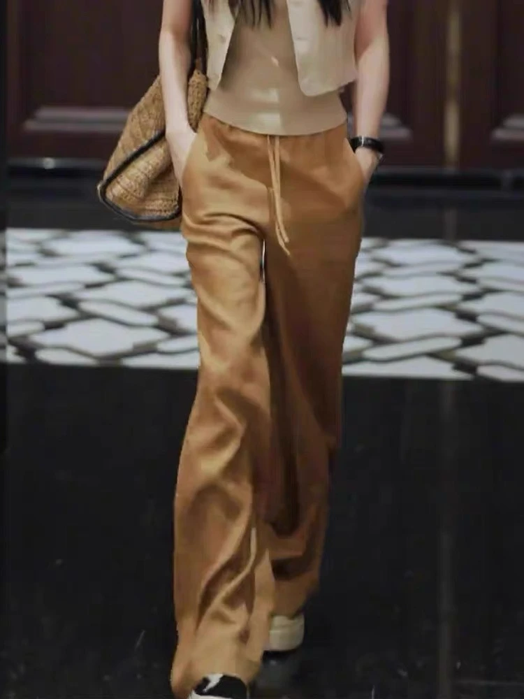 好穿到尖叫!金棕色亚麻阔腿裤女夏季松弛感高腰宽松直筒休闲裤新