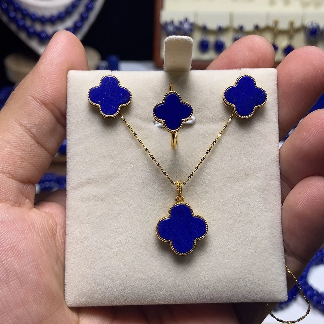 青金石银S925镶嵌豪镶套餐 四叶草戒指 耳钉 吊坠(含链)