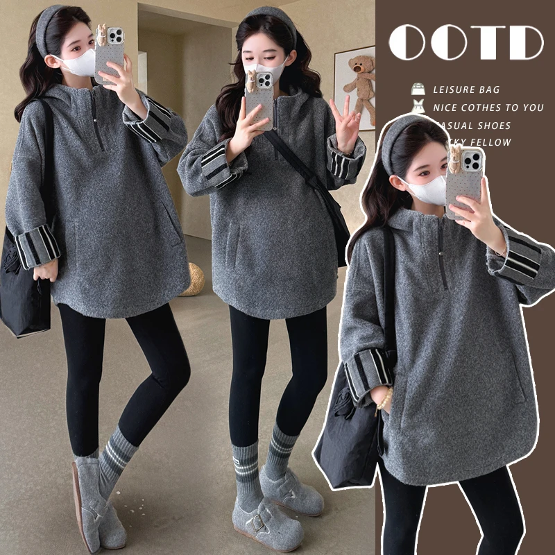孕妇套装2026冬季加厚羊圈毛呢上衣慵懒休闲大码连帽外套孕妇装