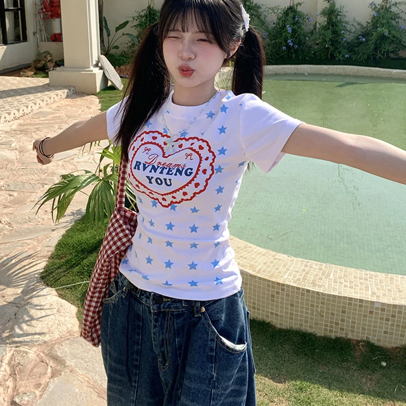 梦晓灵夏季甜妹爱心星星短袖T恤女正肩显瘦修身收腰小个子上衣