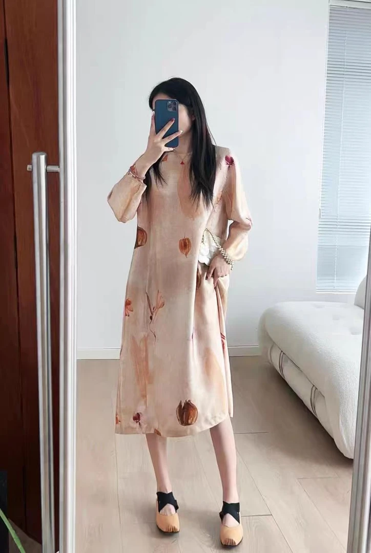 【轻奢小众】16姆米桑蚕丝斜纹绸干枯粟粒连衣裙实物颜色深一点微瑕