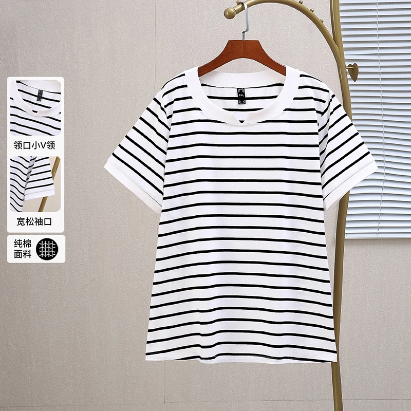 25400T纯棉短袖条纹t恤加大码女装夏薄款胖mm遮肚子显瘦百搭上衣
