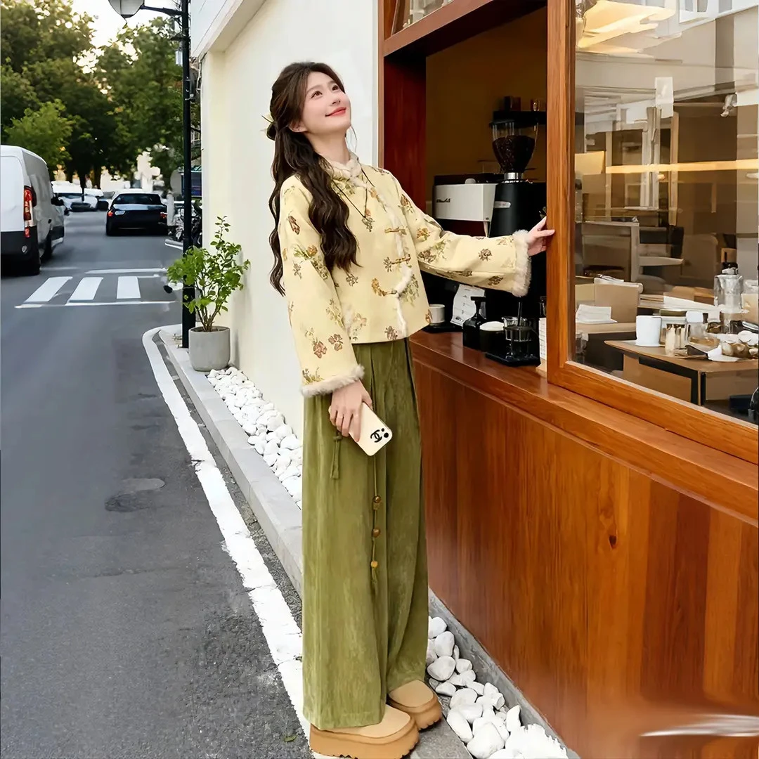 年终狂欢季外套一整套2025冬装保暖加绒阔腿裤休闲提花国风新中式