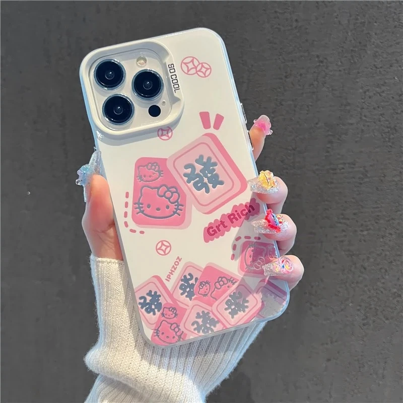 磨砂彩银凯蒂發财麻将苹果14/15/16promax手机壳vivo华为oppo小米