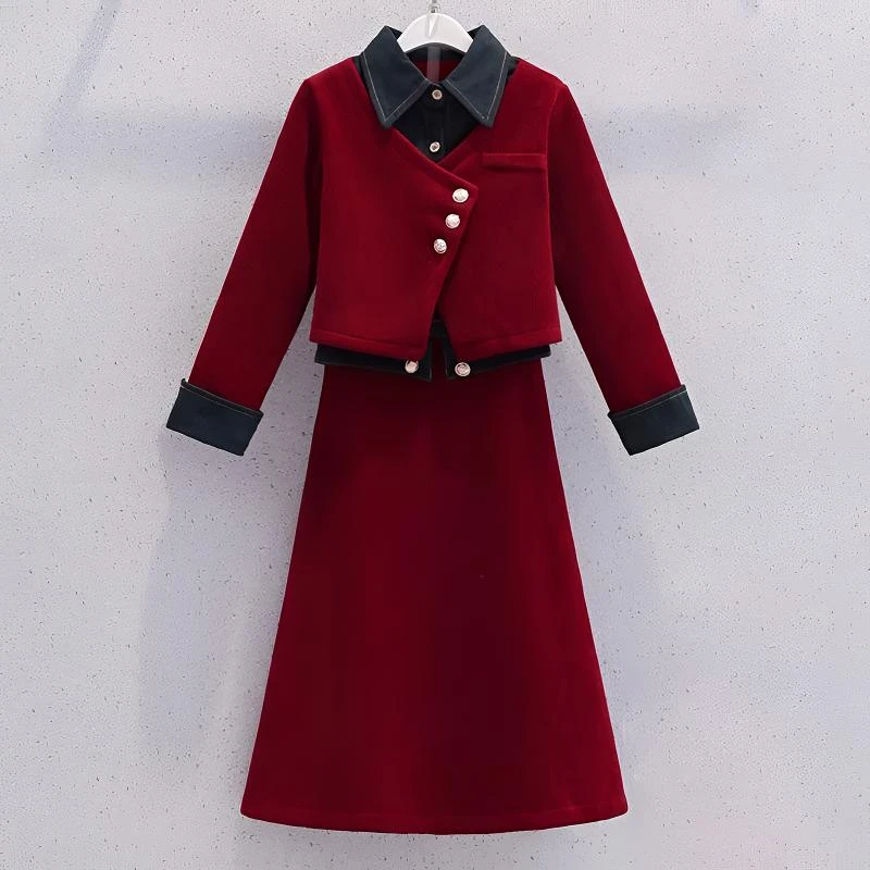 女童小香风套装裙冬季红色洋气服装儿童加绒外套裙子两件套拜年服